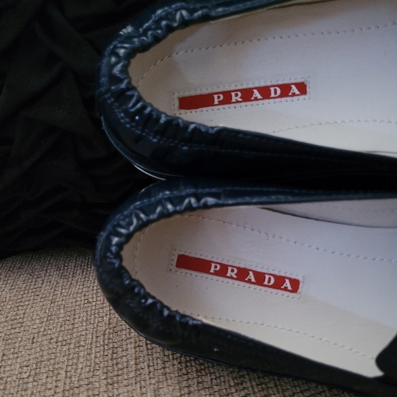 PRADA WOMEN'S BLUE PATENT LEATHER SLIP ON OXFORDS - Picture 9 of 12